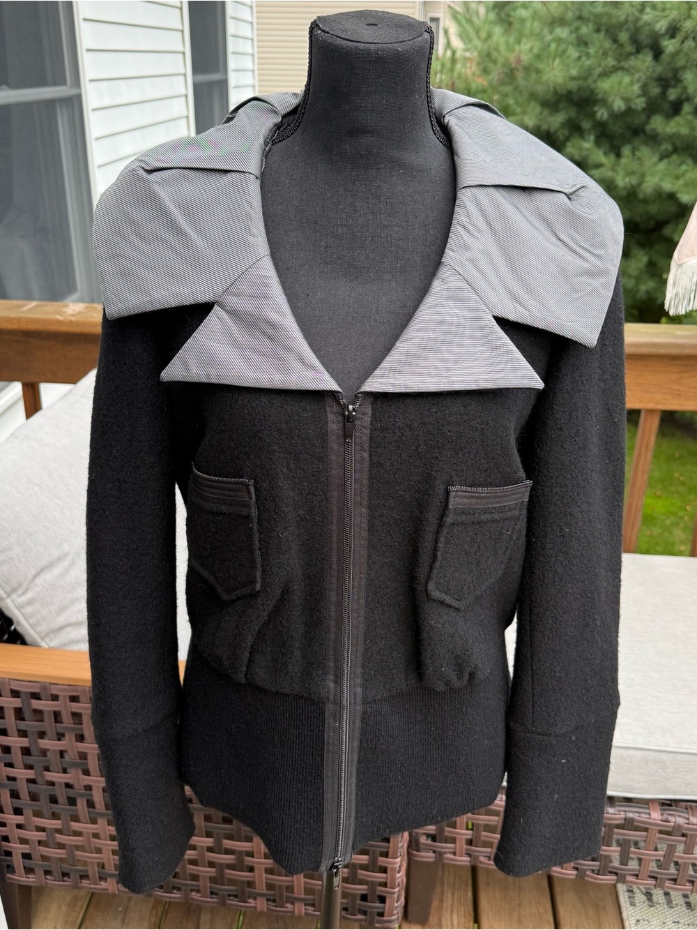c'est atelier Women’s Black Gray 100% Wool Bomber Jacket Oversized collar Sz 10